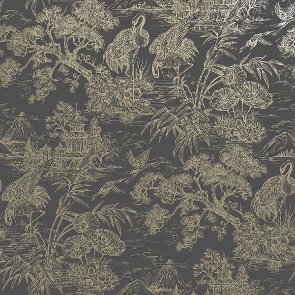 Charcoal/Gold natoru cranes wallpaper with cranes, pagodas and bamboo in a metallic toile — flat pattern detail