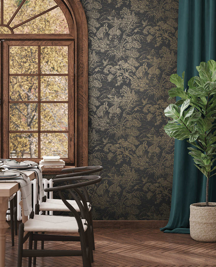 Natoru Japanese Metallic Cranes wallpaper in charcoal/gold on a feature wall