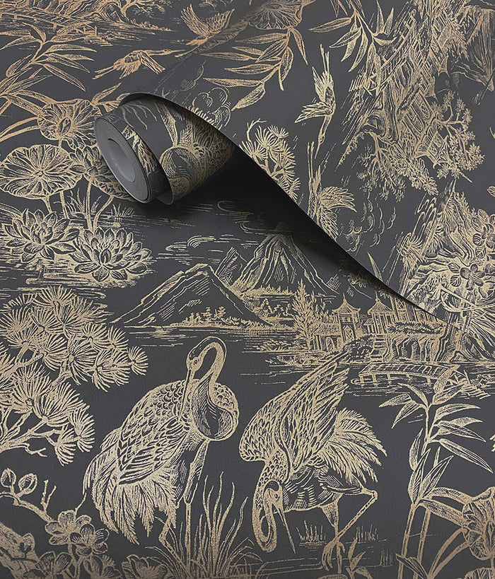 Roll of Natoru Japanese Metallic Cranes charcoal/gold wallpaper