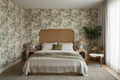 Natoru Japanese Metallic Cranes wallpaper in cream/charcoal on a feature wall