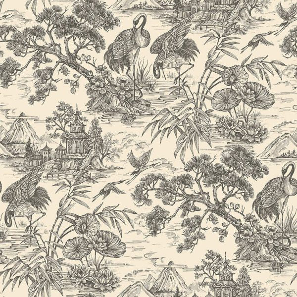 Cream/Charcoal natoru cranes wallpaper with cranes, pagodas and bamboo in a metallic toile — flat pattern detail