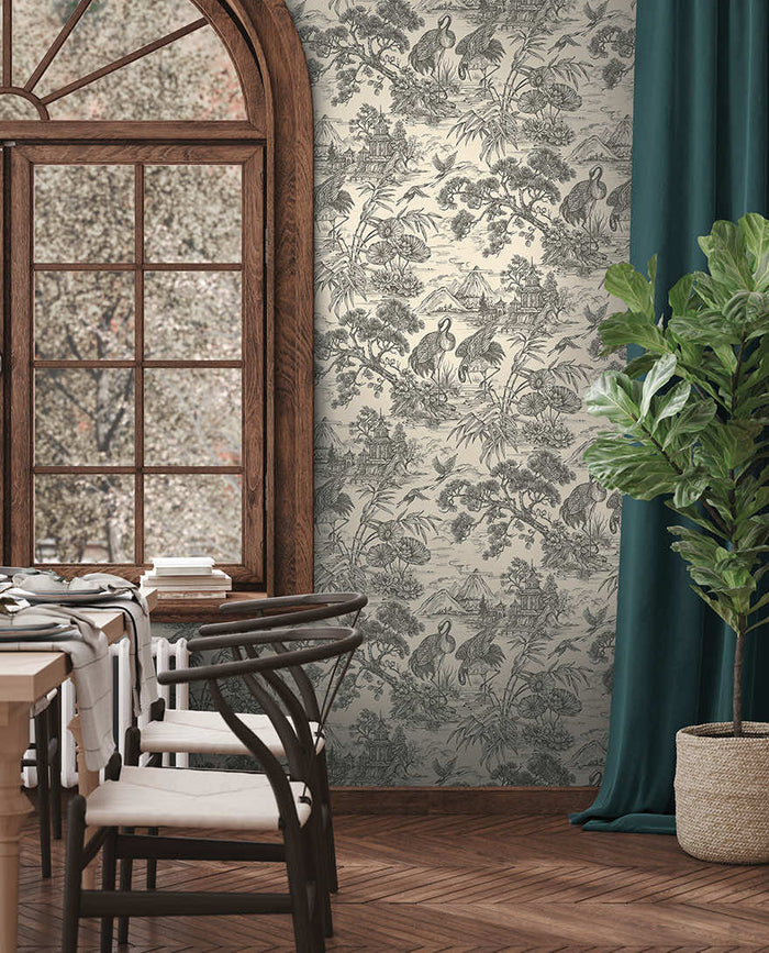 Natoru Japanese Metallic Cranes Wallpaper – Cream/Charcoal