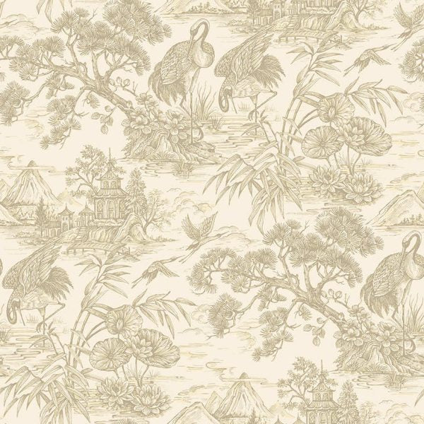Cream/Gold natoru cranes wallpaper with cranes, pagodas and bamboo in a metallic toile — flat pattern detail