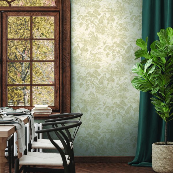 Natoru Japanese Metallic Cranes wallpaper in cream/gold on a feature wall