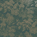 Green/Gold natoru cranes wallpaper with cranes, pagodas and bamboo in a metallic toile — flat pattern detail