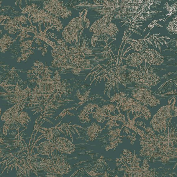 Green/Gold natoru cranes wallpaper with cranes, pagodas and bamboo in a metallic toile — flat pattern detail