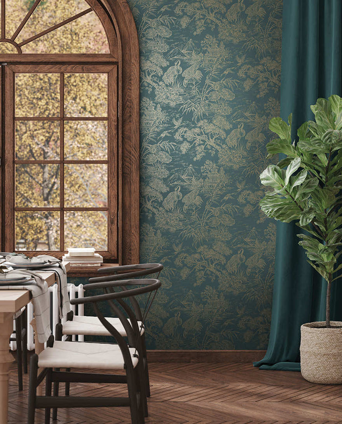 Natoru Japanese Metallic Cranes wallpaper in green/gold on a feature wall