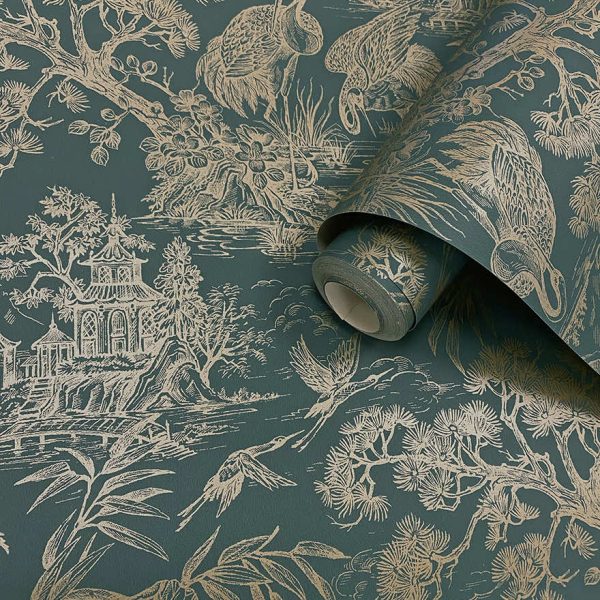 Roll of Natoru Japanese Metallic Cranes green/gold wallpaper
