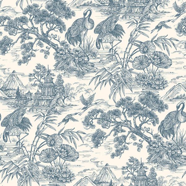 Navy/Cream natoru cranes wallpaper with cranes, pagodas and bamboo in a metallic toile — flat pattern detail