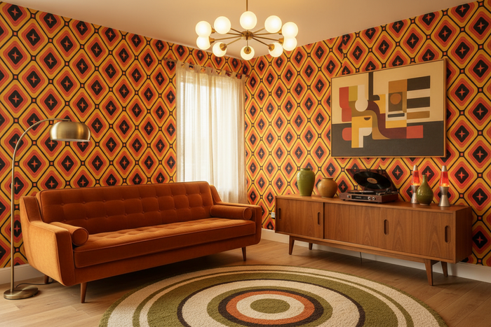 Retro room with Nelson Carpet wallpaper at 2x scale