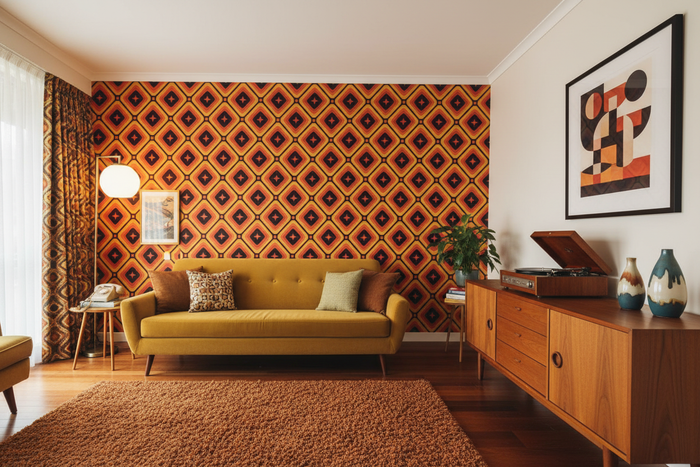 Retro room with Nelson Carpet wallpaper at 50% larger scale