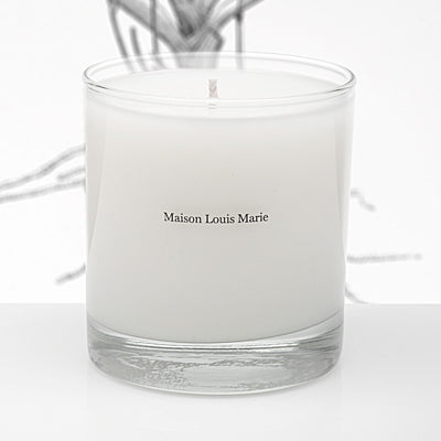 White candle in a glass jar with 'Maison Louis Marie' branding on a white background