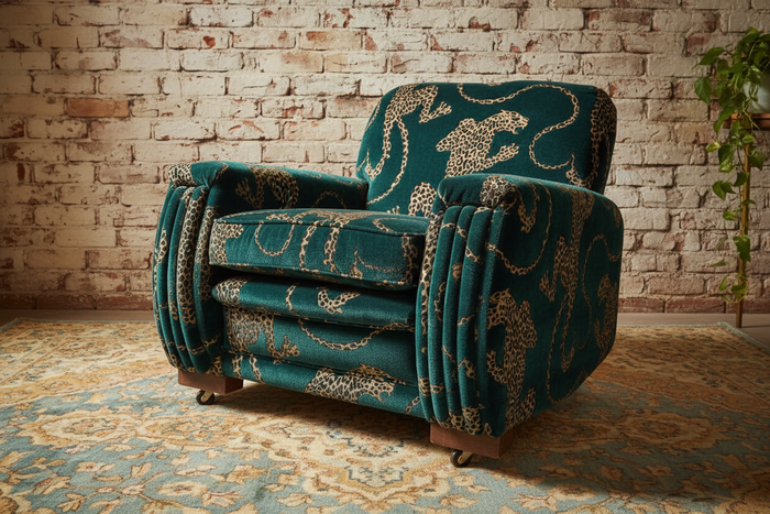 Art Deco Chair in Panthera Aquamarine with Rustic Brick Background