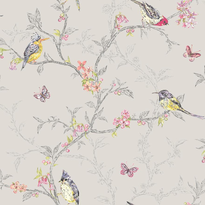 Phoebe Birds on Trailing Branches Wallpaper – Dove Grey – Last 2 Rolls