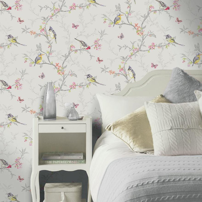 Phoebe Birds on Trailing Branches Wallpaper – Dove Grey – Last 2 Rolls