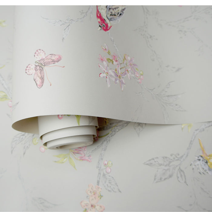 Phoebe Birds on Trailing Branches Wallpaper – Dove Grey – Last 2 Rolls