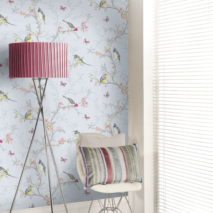 Phoebe Birds on Trailing Branches Wallpaper – Soft Teal – Discontinuing