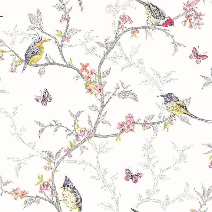 Phoebe Birds on Trailing Branches Wallpaper – White