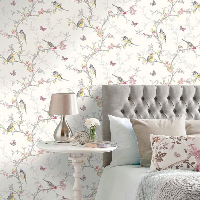 Phoebe Birds on Trailing Branches Wallpaper – White