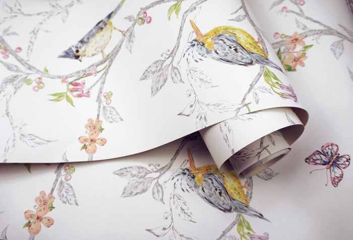 Phoebe Birds on Trailing Branches Wallpaper – White