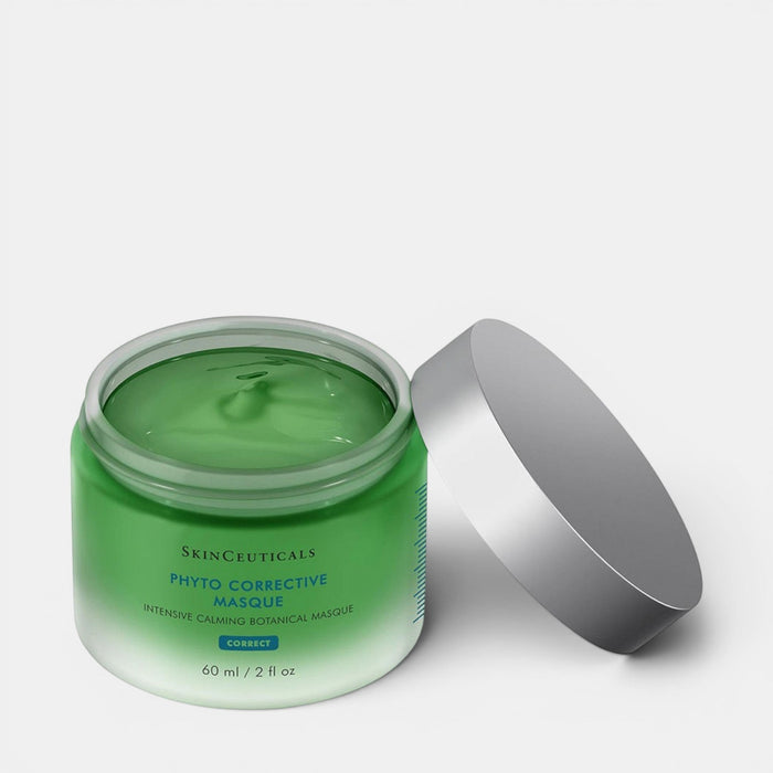 Shop Rescue Spa SkinCeuticals Phyto Corrective Masque in an open green gel jar for soothing sensitive skin