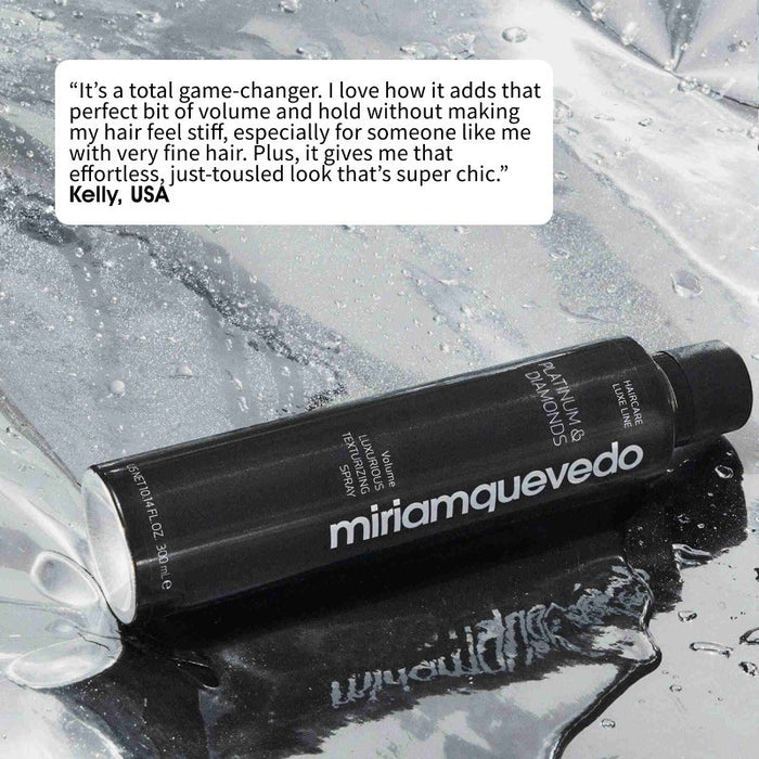 Shop Rescue Spa miriam quevedo Platinum & Diamonds Luxurious Texturizing Spray bottle on a metallic silver background.