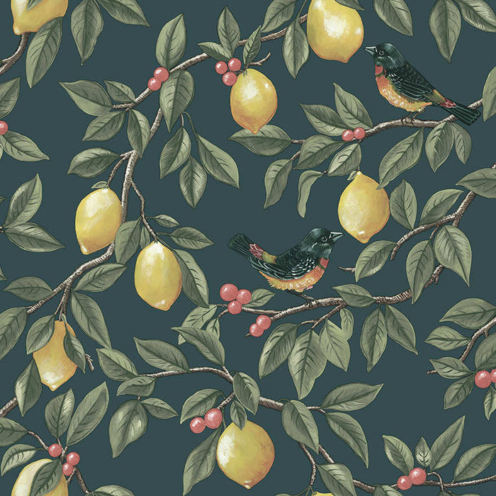 Ponderosa teal wallpaper with lemons, red berries and perched orange-breasted birds