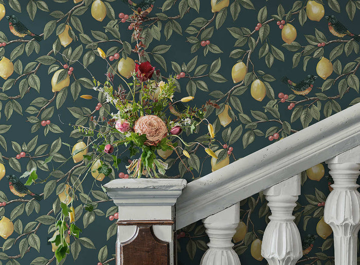 Teal Ponderosa lemon and bird wallpaper on a kitchen wall