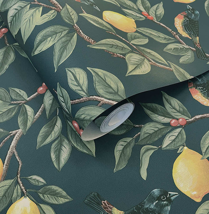 Roll of Ponderosa lemon wallpaper in teal