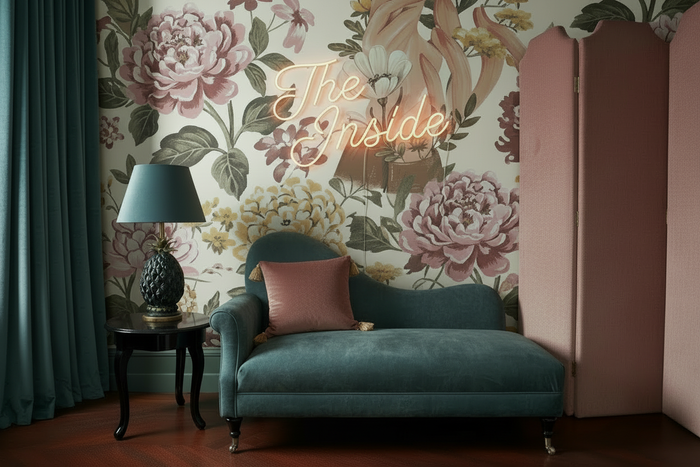 Room shot with patina teal chaise lounge