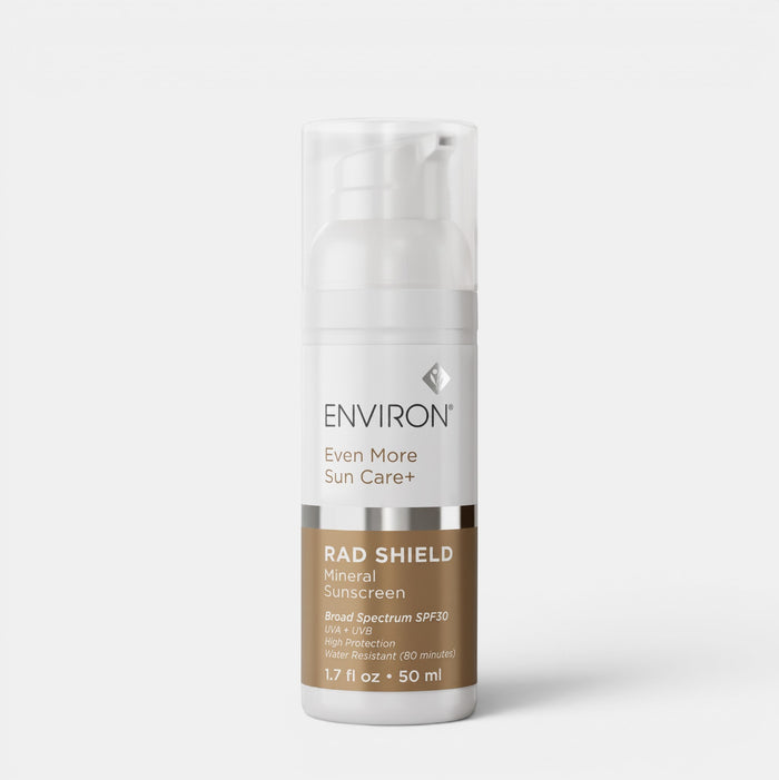 Shop Rescue Spa Environ RAD Shield Mineral Sunscreen SPF 30 in a 50ml white pump bottle with gold accent.