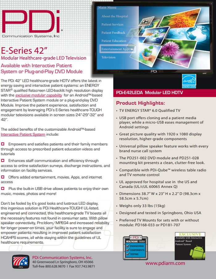 Refurb PDI-E42LEDx-R | 42" E-Series HDTV Hospital Display