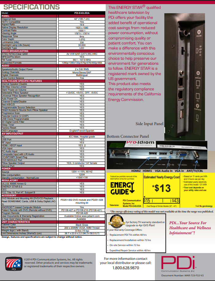Refurb PDI-E42LEDx-R | 42" E-Series HDTV Hospital Display