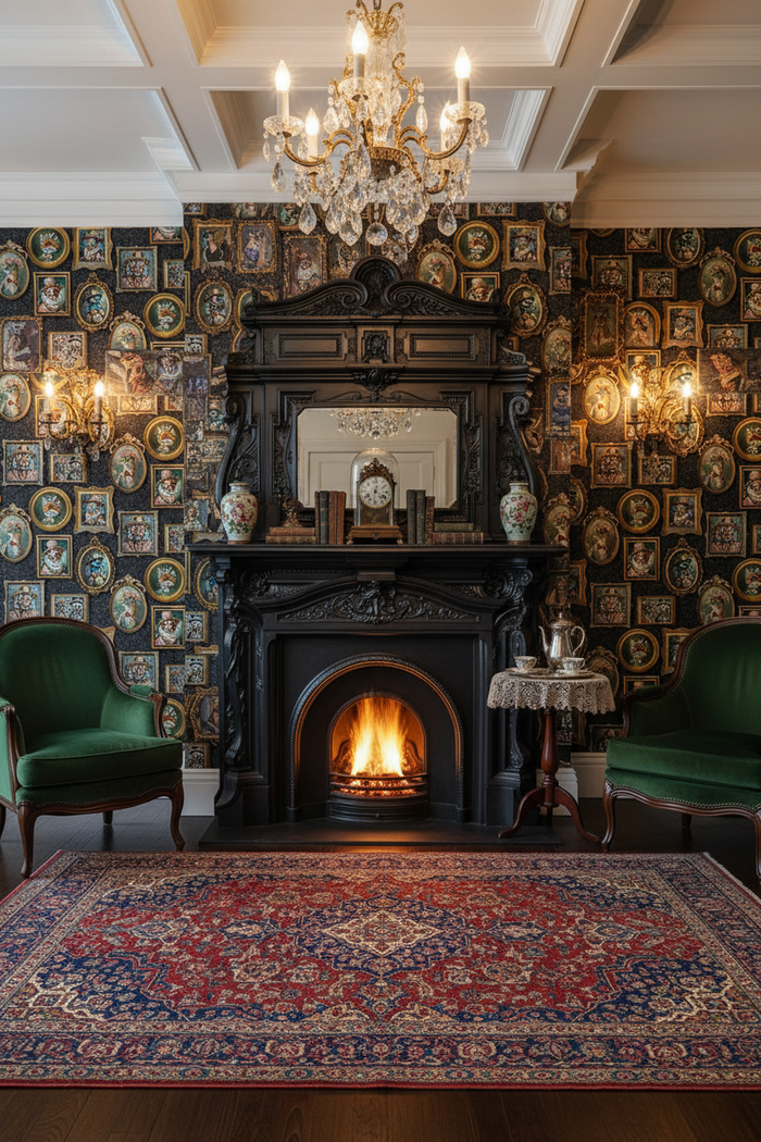 Victorian Room with Ornate Fireplace and Regal Beasts Wallpaper