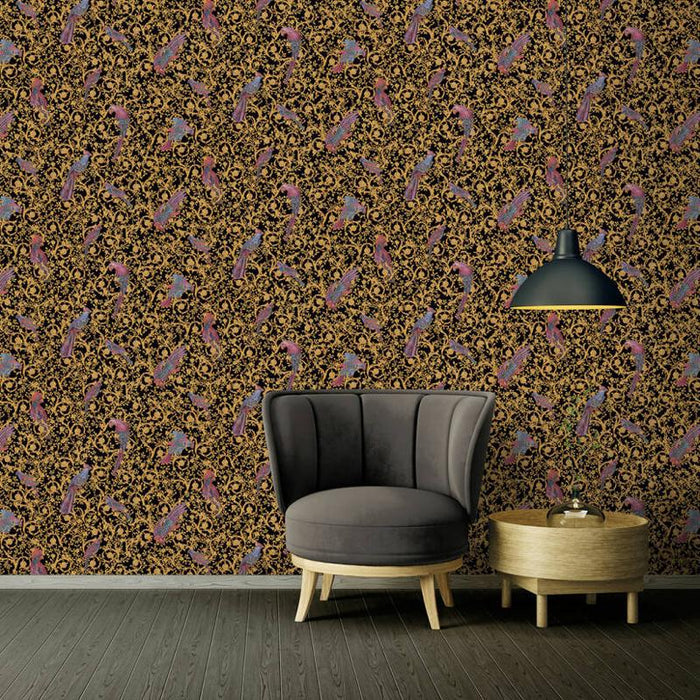 Versace Regal Woodland Wallpaper - Gold - Black