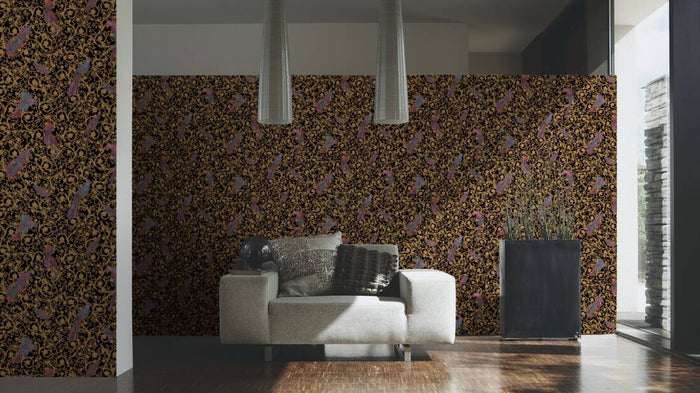 Versace Regal Woodland Wallpaper - Gold - Black