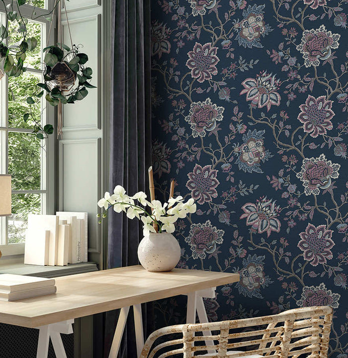 Regan - Artistic Floral Wallpaper - Navy