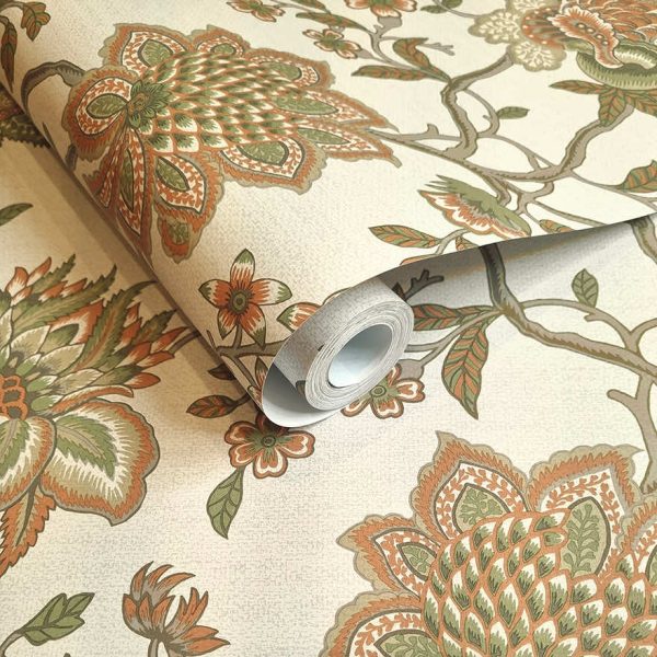 Regan - Artistic Floral Wallpaper - Orange/Sage