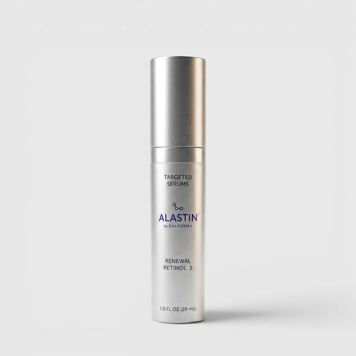 Shop Rescue Spa Alastin Renewal Retinol 0.5 serum in a sleek silver pump bottle for skin texture and tone improvement.