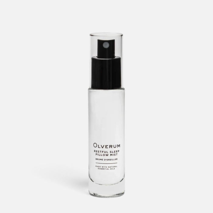 Shop Rescue Spa Olverum Restful Sleep Pillow Mist in a clear 30ml glass spray bottle with a black pump dispenser.