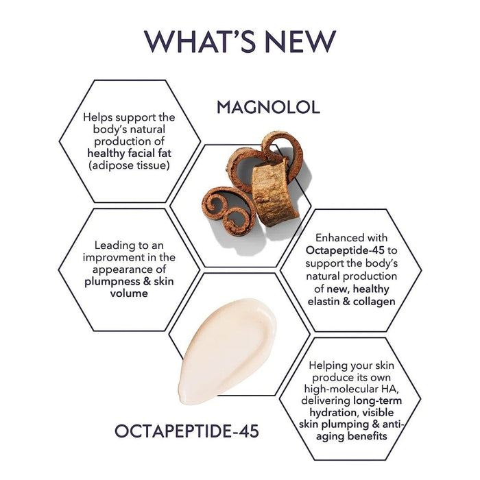 Shop Rescue Spa Restorative Skin Complex infographic showing Magnolol and Octapeptide-45 benefits for skin volume