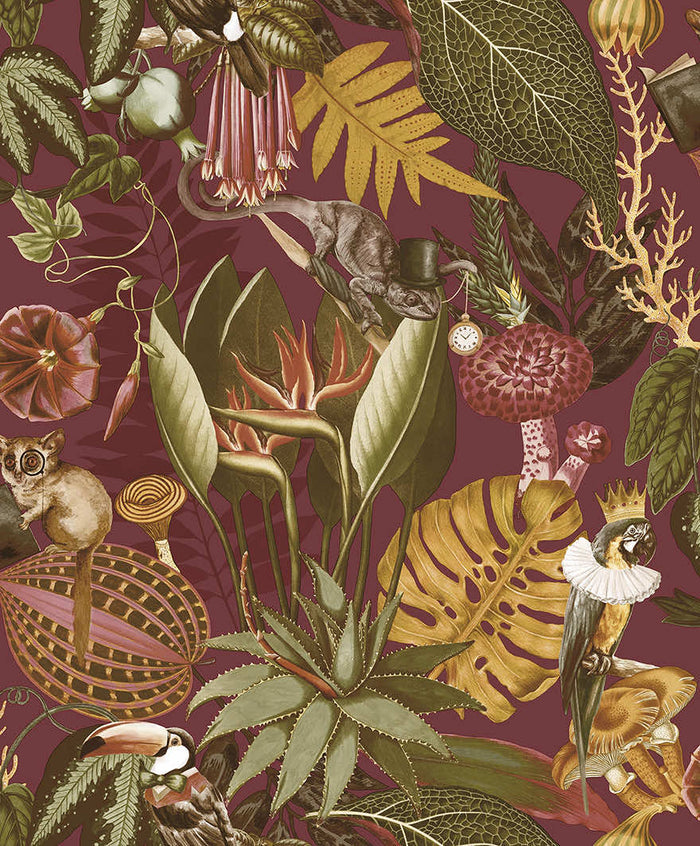 Burgundy reverie jungle wallpaper with a top-hatted monkey, a toucan, a parrot and jungle leaves — flat pattern detail