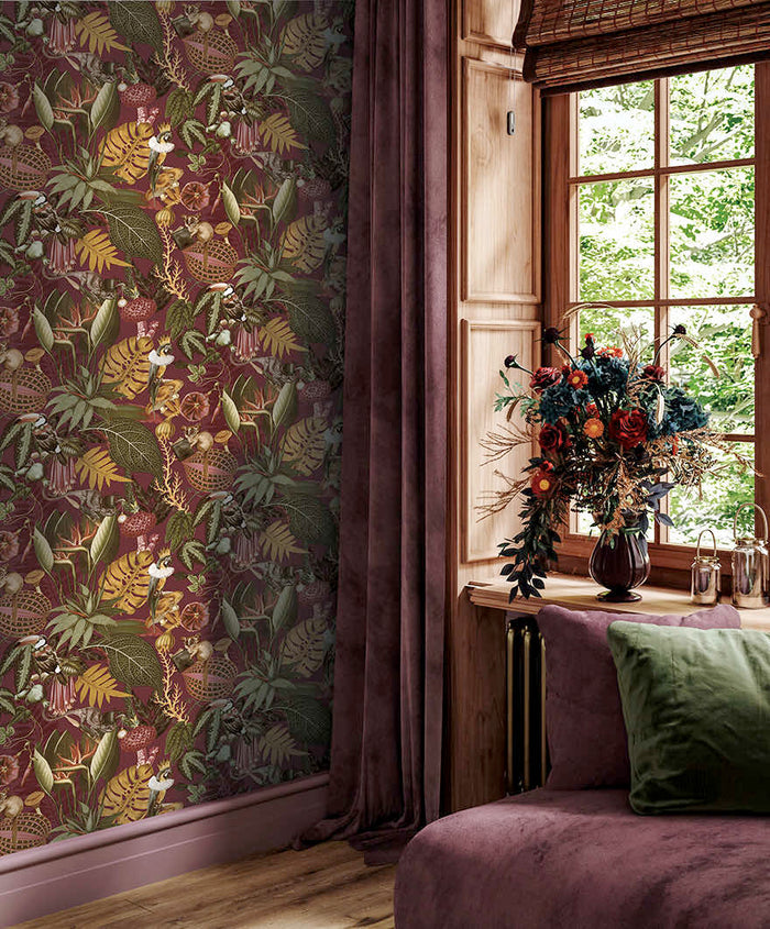 Reverie Funky Jungle wallpaper in burgundy on a feature wall