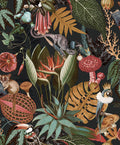 Charcoal/Black reverie jungle wallpaper with a top-hatted monkey, a toucan, a parrot and jungle leaves — flat pattern detail