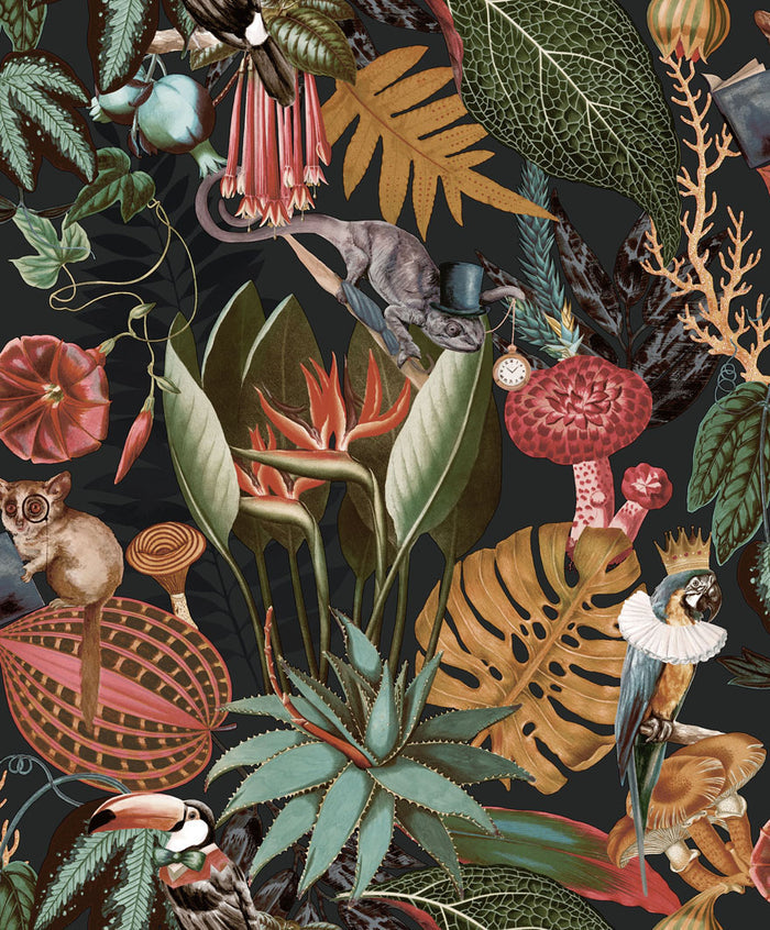 Charcoal/Black reverie jungle wallpaper with a top-hatted monkey, a toucan, a parrot and jungle leaves — flat pattern detail