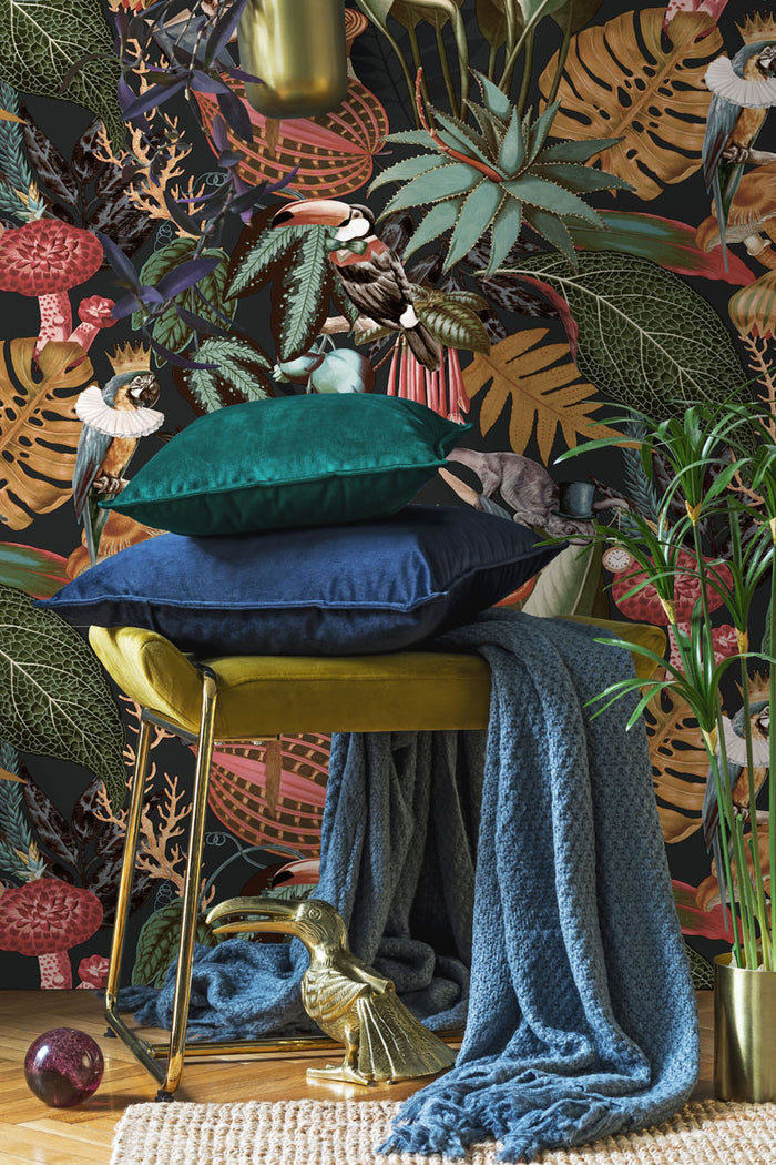 Reverie Funky Jungle wallpaper in charcoal/black on a feature wall