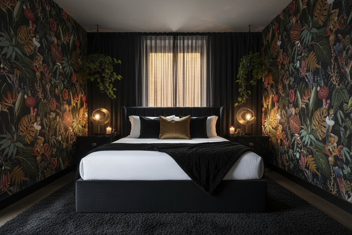 Sexy bedroom with Reverie Charcoal Jungle Wallpaper