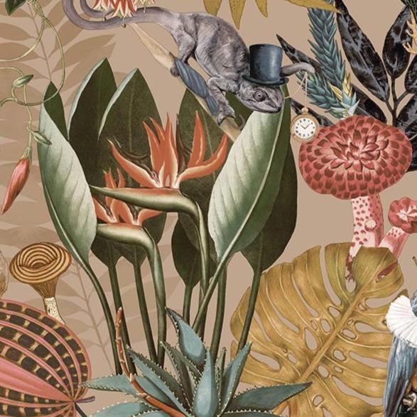 Gold reverie jungle wallpaper with a top-hatted monkey, a toucan, a parrot and jungle leaves — flat pattern detail
