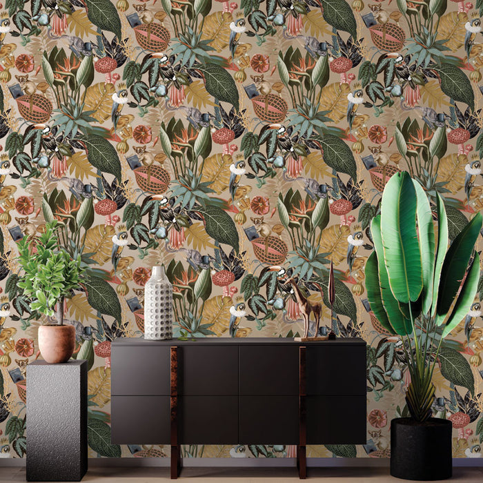 Reverie Funky Jungle wallpaper in gold on a feature wall
