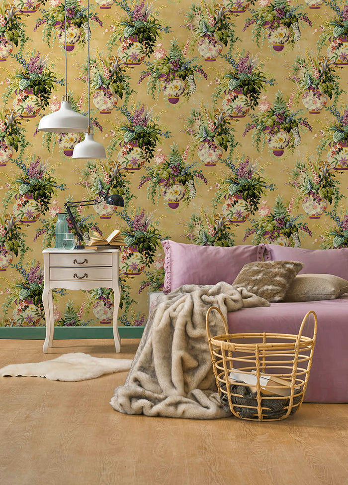 Rivara - Vase and Wildlife Wallpaper - Ochre - Discontinuing